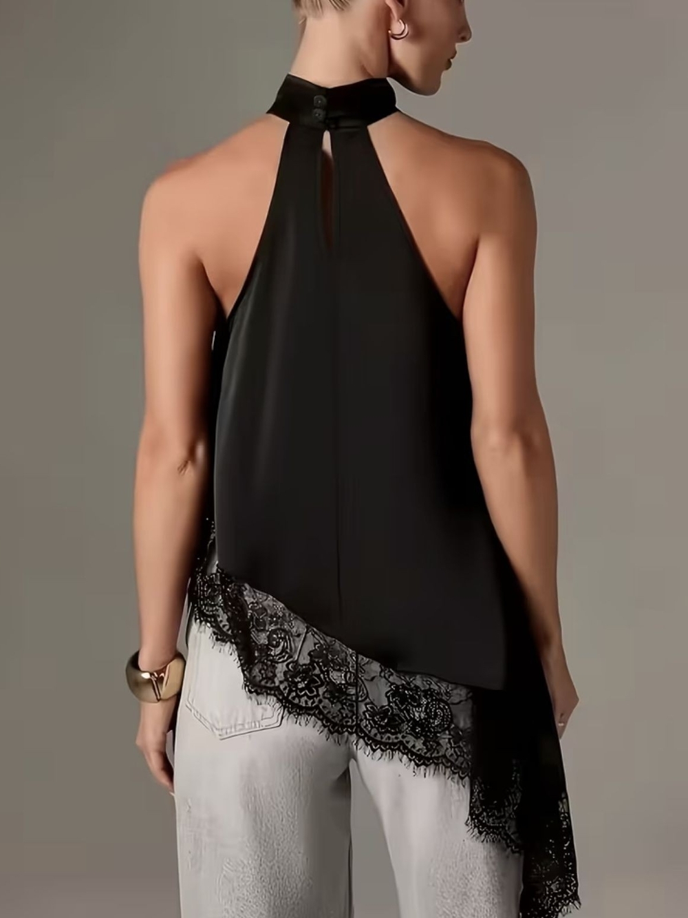 Sleeveless Black Halter Top with Lace Trim